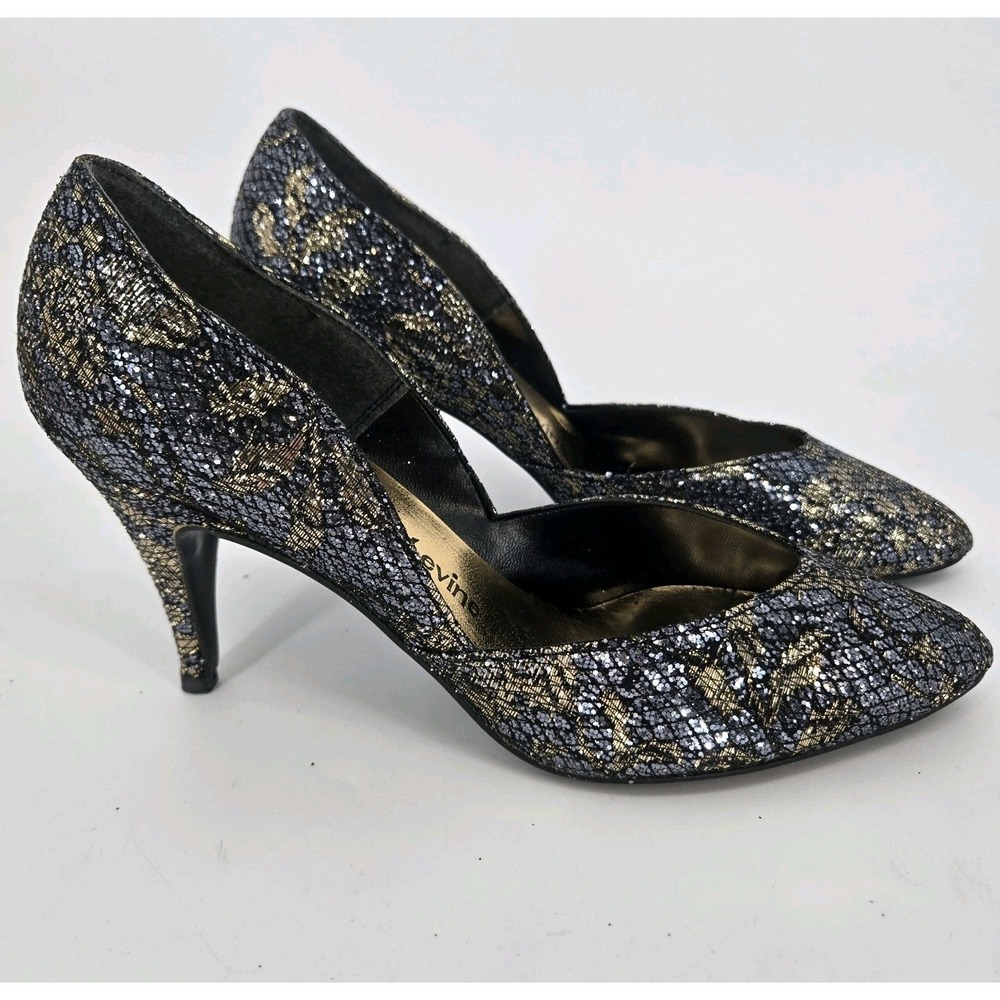 Jacques Levine Gold Blue Bravo 1 Glitter Heels 7.5 B  New W Box